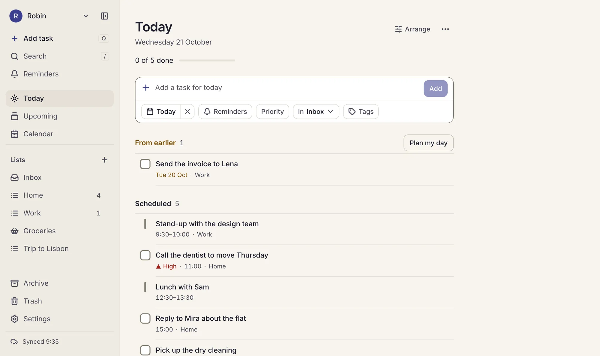 Tickosh's Today on a computer: a sidebar of lists, and the day's tasks and events in time order, each with its time.
