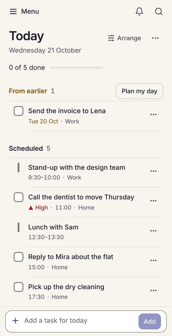 Today on a phone: the same tasks in a single column.